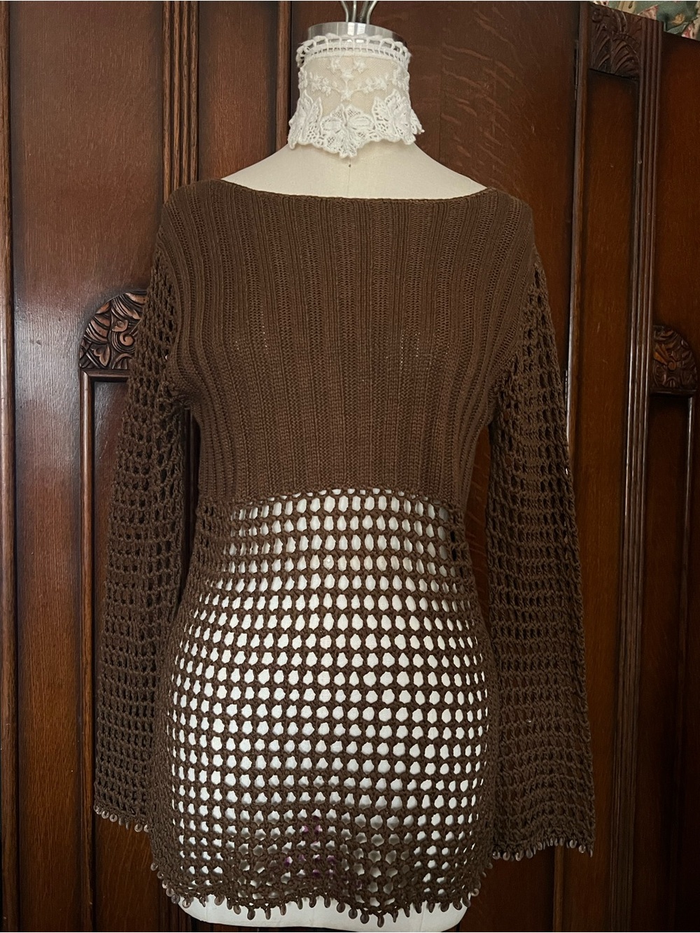 Tommy Bahama Brown Crochet Sweater w/ Seed Beads Size S